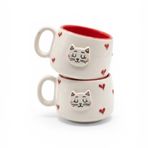 Pawicci 2'li El Yapımı Seramik Kupa Seti, Kedi Desenli Kalp Motifli Stoneware Mug, 200 ml, Kırmızı İçli Doğal Seramik, Çay Kahve Bardağı, Kedi Severlere Hediye (KIRMIZI)