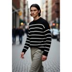 PayBuy Erkek Oversize Bisiklet Yaka Çizgili Selanik Dokuma Kalın Akrilik Kışlık Kazak Konforlu Stil - Siyah