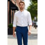 PayBuy Erkek Slim Fit Hakim Yaka Düz Desen Uzun Kollu Pamuklu Keten Görünümlü Şık Casual Gömlek Spor - Beyaz