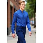 PayBuy Erkek Slim Fit Hakim Yaka Yarim Patli Uzun Kollu Pamuklu Dokuma Keten Gorunumlu Gomlek Şık - Koyu Mavi