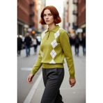 PayBuy Kadın Baklava Desenli Polo Yaka Regular Kalıp Triko Kazak Kışlık Şıklığın Rahat ve Modern Seçimi - Yağ Yeşili