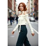 PayBuy Kadın Carmen Yaka Fitted Basic Akrilik Triko Uzun Kol Bluz Güllü Atkı Aksesuarlı Şık Ve Modern Stil