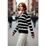 PayBuy Kadın Çizgili Oversize Polo Yaka Düşük Kol Akrilik Triko Kazak Kışlık Basic Tarzınızı Tamamlar