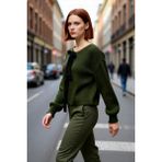PayBuy Kadın Crop Regular Kalıp Çift Taraflı Kurdele Bağlamalı Düşük Kol Selanik Örgü Akrilik Triko Kazak - Haki