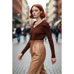 PayBuy Kadın Devrik Yaka Fitted Fitilli Triko Bluz Uzun Kol Crop Boy Ilkbahar Sonbahar Günlük Şıklığı - Kahverengi - XS
