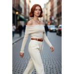 PayBuy Kadın Ekru Carmen Yaka Fitted Crop Triko Kazak Ilkbahar Sonbahar Için Şık ve Basic Tasarım - Taş - XS