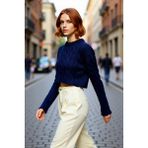 PayBuy Kadın Ekru Regular Kalıp Süper Crop Saç Örgü Bisiklet Yaka Uzun Kollu Akrilik Triko Kazak Modeli - Lacivert - XS