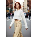 PayBuy Kadın Ekru Regular Kalıp Süper Crop Saç Örgü Bisiklet Yaka Uzun Kollu Akrilik Triko Kazak Modeli