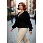 PayBuy Kadın Kruvaze V Yaka Bağlamalı Arkası Açık Triko Kazak Yarasa Kol Düz Selanik Dokuma Kışlık - Siyah - 5XL