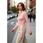 PayBuy Kadın Kruvaze Yaka Bağlamalı Crop Pembe Ince Triko Kazak Regular Kalıp Uzun Kollu Ilkbahar Sonbahar