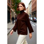 PayBuy Kadın Oversize Balıkçı Yaka Düşük Kol Akrilik Triko Kazak Kış Sezonu Için Uzun Basic Model - Kahverengi - XS