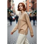 PayBuy Kadın Oversize Bej Triko Bisiklet Yaka Uzun Kollu Rahat Kazak Kış Günlük Kombinler İçin Basic Şıklık