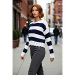 PayBuy Kadın Oversize Bisiklet Yaka Çizgili Crop Akrilik Triko Kazak Akıtma Detaylı Rahat Şıklık Kaliteli - Ekru