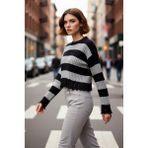 PayBuy Kadın Oversize Bisiklet Yaka Çizgili Crop Akrilik Triko Kazak Akıtma Detaylı Rahat Şıklık Kaliteli - Lacivert