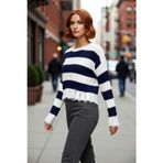 PayBuy Kadın Oversize Bisiklet Yaka Çizgili Crop Akrilik Triko Kazak Akıtma Detaylı Rahat Şıklık Kaliteli