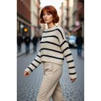 PayBuy Kadın Oversize Bisiklet Yaka Çizgili Crop Triko Kazak Düşük Kollu Rahat Kışlık Kombinler Için - Bej