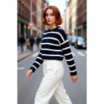 PayBuy Kadın Oversize Bisiklet Yaka Çizgili Crop Triko Kazak Düşük Kollu Rahat Kışlık Kombinler Için - Lacivert