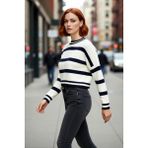 PayBuy Kadın Oversize Bisiklet Yaka Çizgili Triko Crop Kazak Ilkbahar Sonbahar Günlük Şıklık Kaliteli - Ekru