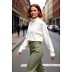 PayBuy Kadın Oversize Crop Fermuarlı Dik Yaka Selanik Dokuma Akrilik Triko Kazak Kış Günlük Kombinler Için - Ekru