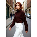 PayBuy Kadın Oversize Crop Fermuarlı Dik Yaka Selanik Dokuma Akrilik Triko Kazak Kış Günlük Kombinler Için - Kahverengi