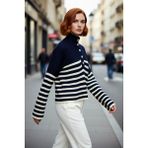 PayBuy Kadın Oversize Dik Yaka Çizgili Triko Kazak Düşük Kollu Crop Kesim Günlük Şık Kış Stili Kaliteli - Lacivert