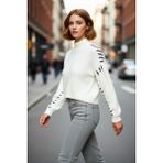 PayBuy Kadın Oversize Dik Yaka Renk Bloklu Düşük Kol Crop Triko Kazak Kış Kombinleri Için Mükemmeldir - Ekru