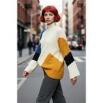 PayBuy Kadın Oversize Dik Yaka Renk Bloklu Düşük Kol Selanik Dokuma Uzun Triko Kazak Kışlık Kombinlerin