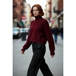 PayBuy Kadın Oversize Fitilli Bordo Balıkçı Yaka Uzun Reglan Kollu Crop Akrilik Triko Kazak Kaliteli