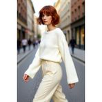 PayBuy Kadın Oversize Gri Akrilik Selanik Dokuma Super Crop Ispanyol Kol Triko Kazak Günlük Stilinize - Ekru