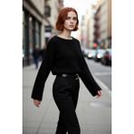 PayBuy Kadın Oversize Gri Akrilik Selanik Dokuma Super Crop Ispanyol Kol Triko Kazak Günlük Stilinize - Siyah