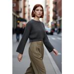 PayBuy Kadın Oversize Gri Akrilik Selanik Dokuma Super Crop İspanyol Kol Triko Kazak Günlük Stilinize