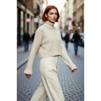 PayBuy Kadın Oversize Super Crop Balıkçı Yaka Uzun Kollu Akrilik Triko Kazak Kışlık Günlük Şıklık - Taş - M