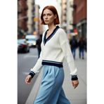 PayBuy Kadın Oversize V Yaka Renk Bloklu Triko Kazak Soğuk Havalar İçin Basic Crop Uzun Kol Stil.