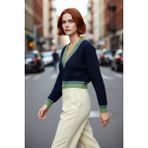 PayBuy Kadın Oversize V Yaka Renk Bloklu Triko Kazak Soğuk Havalar Için Basic Crop Uzun Kol Stil. - Lacivert - M