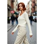 PayBuy Kadın Regular Kalıp V Yaka Uzun Kollu Crop Boy Fitilli Akrilik Basic Triko Kazak Günlük Kullanım