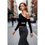 PayBuy Kadın Siyah Renk Bloklu Asimetrik Yaka Fitted Crop Uzun Kol Ince Triko Kazak Ilkbahar Sonbahar