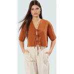 PayBuy Kadın Terrycotton Kumaş Crop Bluz V Yaka Bağcıklı Günlük Stil Konforlu Kesim Uzun Ömürlü