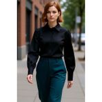 PayBuy Klasik Gömlek Yaka Balon Kol Düz Renk Pamuklu Dokuma Gömlek Kadın Özel Tasarım Fonksiyonel - Siyah - 34