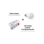Pazariz 12W Led Ampul + 3 Metre Uzatmalı Anahtarlı 3Lü Priz Set