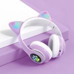Pazariz Kart Girişli Fm Radyolu LED Işıklı Kablosuz ve Kablolu Bluetooth Kedi Kulaklık 5.0V - Mor