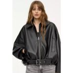 P&b Kadın Oversize Bomber Ceket – Suni Deri, Astarlı, Kemerli, Fermuarlı ve Çift Cepli Şık Tasarım - Siyah