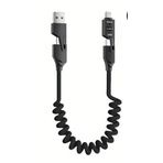 PDA Teknoloji 65W Type-C+USB A to Type-C+Lightning Akordiyonlu Hızlı Şarj Kablosu 1.5m Siyah (65w Spiral, 4 in 1)