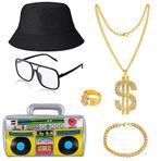 Peirich 80s 90s hip hop kostüm kiti, rapçi aksesuarları erkekler kadınlar için yetişkinler yıl parti tema dekor kova şapka içerir, altın dolar işareti zincir yüzük kolye, şişme bom kutusu