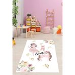 Pelangi Balerin Prenses Unicorn Desenli Dijital Baskı Yıkanabilir Kaymaz Taban Genç Kız Çocuk Odası Halısı, Pembe-Beyaz 180 x 250