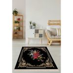 Pelangi Baskı Nakış Gül Desenli Dijital Baskı Yıkanabilir Kaymaz Taban Etnik Kilim Desen Salon Halı, Siyah 180 x 300