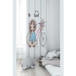 Pelangi Beyaz Fonlu Bisikletli Kız Desenli Dijital Baskı Yıkanabilir Bebek Çocuk Odası Fon Perdesi, krem-mavi 140 x 270