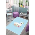 Pelangi Beyaz Kuğu Desenli Çiçekli Halı Dijital Baskı Yıkanabilir Kaymaz Taban Kız Çocuk Odası Halısı, Turkuvaz-Beyaz 100 x 250