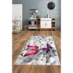 Pelangi Beyaz Taş Desenli Kelebekli Yıkanabilir Kaymaz Taban Leke Tutmaz Modern Salon Halısı Ve Yolluk, Beyaz-Pembe 100 x 350, 135824710035005