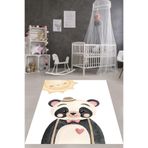 Pelangi Beyaz Zemin Güneş ve Sevimli Panda Yıkanabilir Kaymaz Taban Leke Tutmaz Çocuk Odası Halısı, Turuncu-Siyah-Beyaz 80 x 350, 7642012308035005