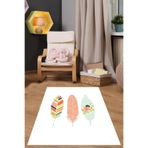Pelangi Beyaz Zeminde Minimal Dekoratif Tüyler Yıkanabilir Kaymaz Taban Leke Tutmaz Çocuk Halı, Mavi-Beyaz-Turuncu 40 x 40